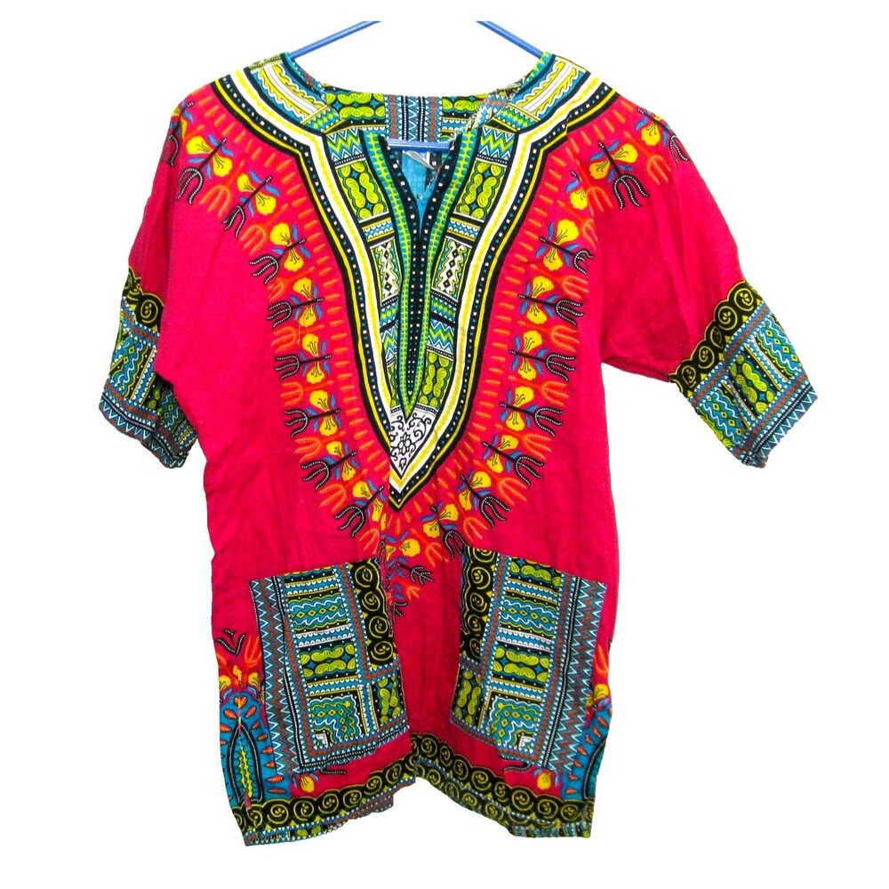 Mama & Papa Thailand Shirt Womens Small Dashiki Kurta Pink Colorful Top Cotton